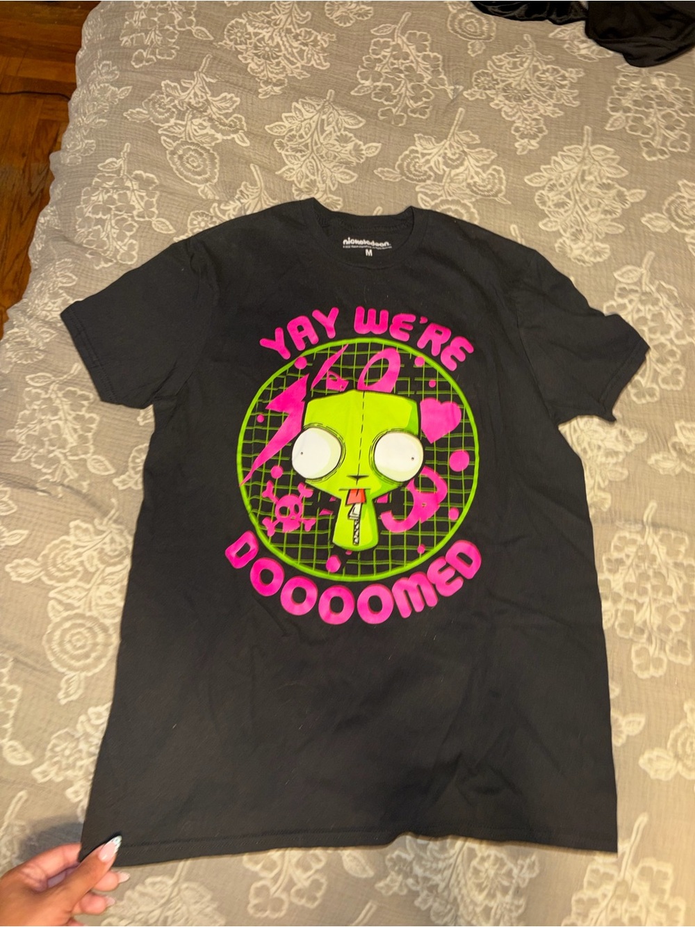Nickelodeon Black Tee with Neon Green & Hot Pink Alien Graphic